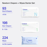 Coterie Baby Diapers + Wipes Baby Kit, Size 1 (198 Count) Size Newborn (93 Count) 4 Wipe Packs (224 Wipes) Made with Plant-Based Fibers, Hypoallergenic, Designed for Sensitive Skin, Clean Ingredients