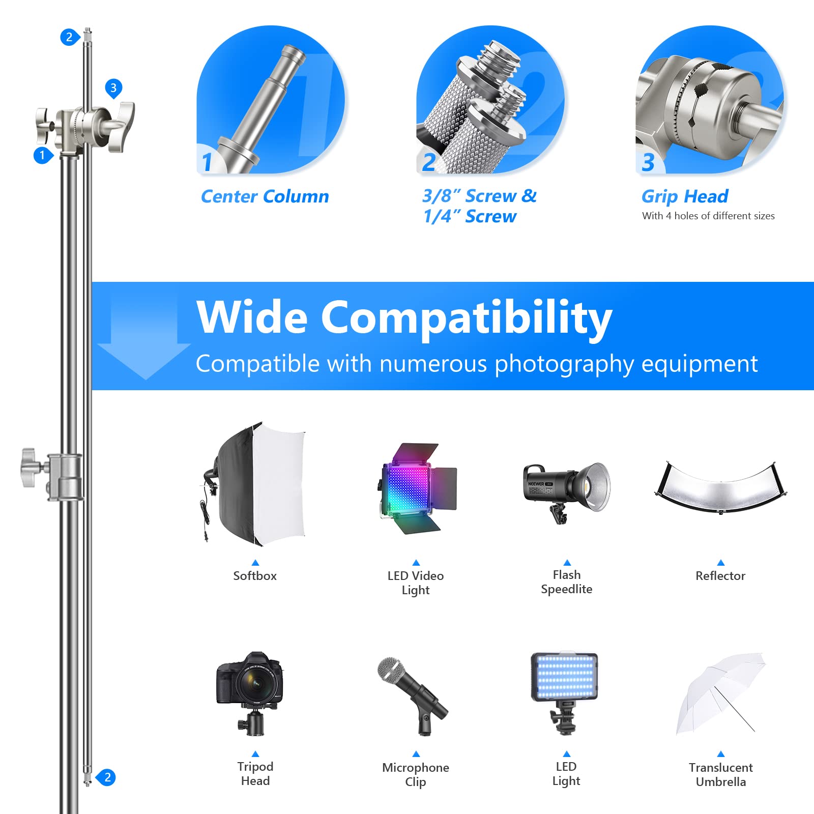 NEEWER Pro 100% Stainless Steel Heavy Duty C Stand with Boom Arm, Max Height 10.5ft/320cm Photography Light Stand with 4.2ft/128cm Holding Arm, 2 Grip Head for Studio Monolight, Softbox, Reflector
