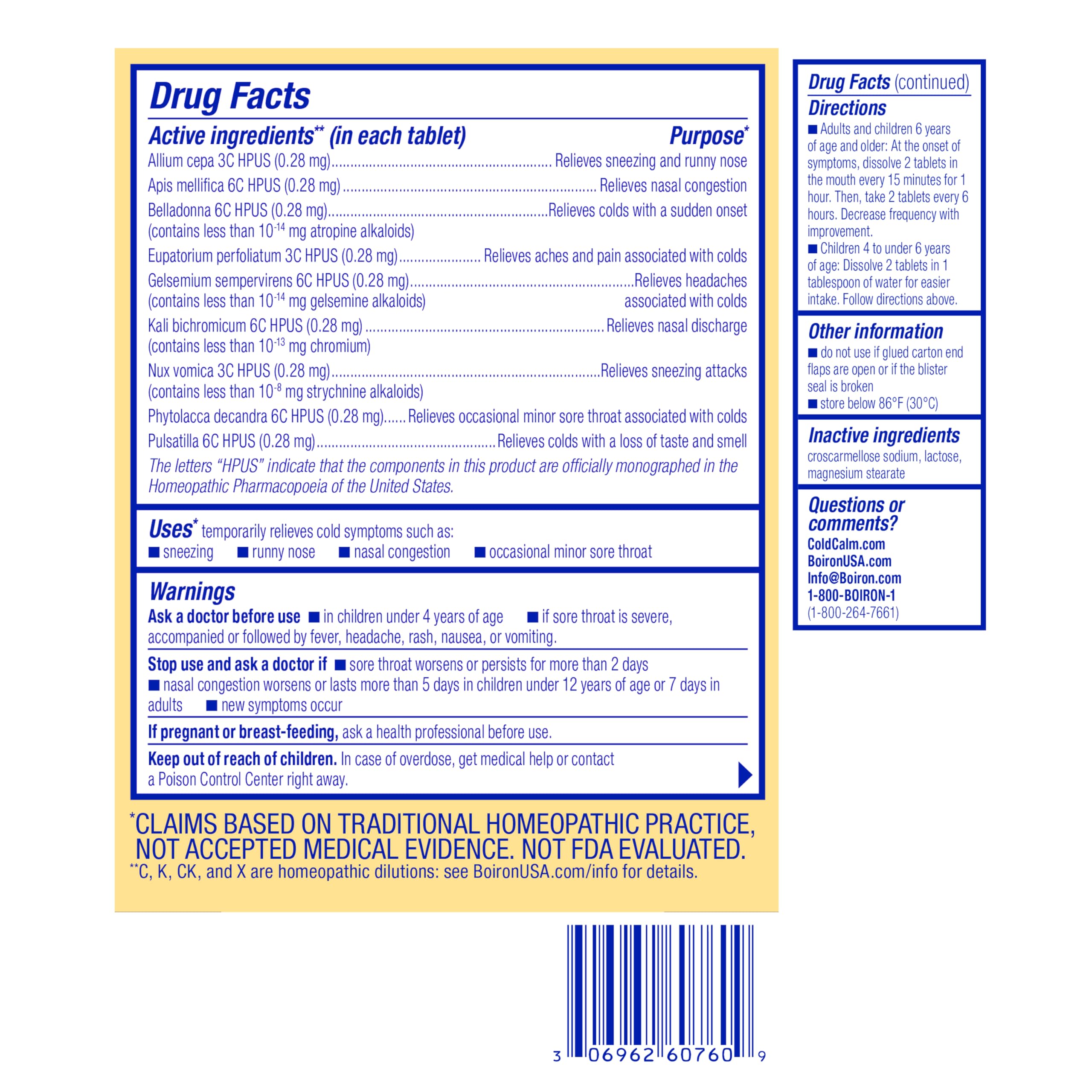 Boiron ColdCalm Tablets for Relief of Common Cold Symptoms Such as Sneezing, Runny Nose, Sore Throat, and Nasal Congestion - Non-Drowsy - 60 Count