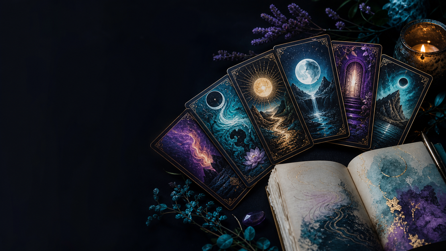 Alchemystic Tarot course and workbook with varied symbolic cards and journal