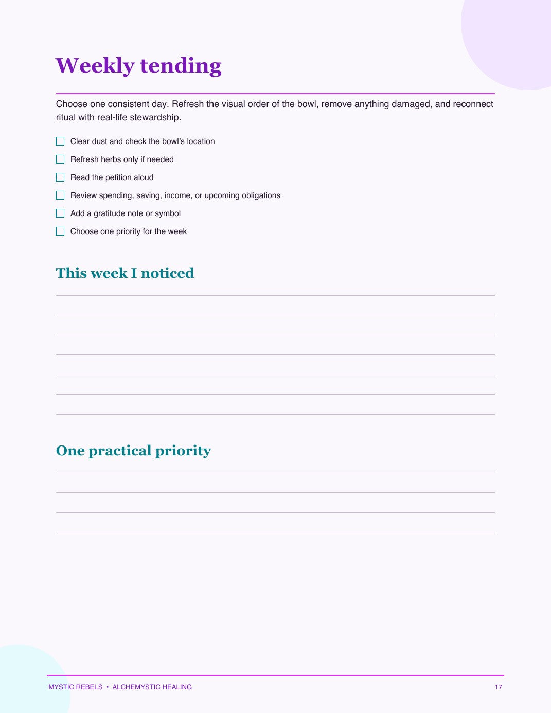Weekly tending practice and reflection page preview
