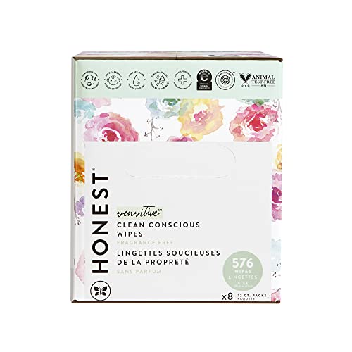 The Honest Company Clean Conscious Unscented Wipes | Over 99% Water, Compostable, Plant-Based, Baby Wipes | Hypoallergenic for Sensitive Skin, EWG Verified | Rose Blossom, 576 Count