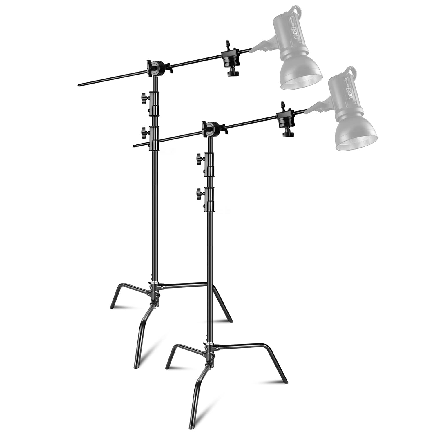 Neewer 2-Pack 100% Heavy-Duty Steel C-Stand, Pro Photography Light Stand with 3.5'/108cm Extension Arm, Grip Head, Turtle Base for Studio Monolight, Softbox, Reflector, Max Height 10'/305cm – Black