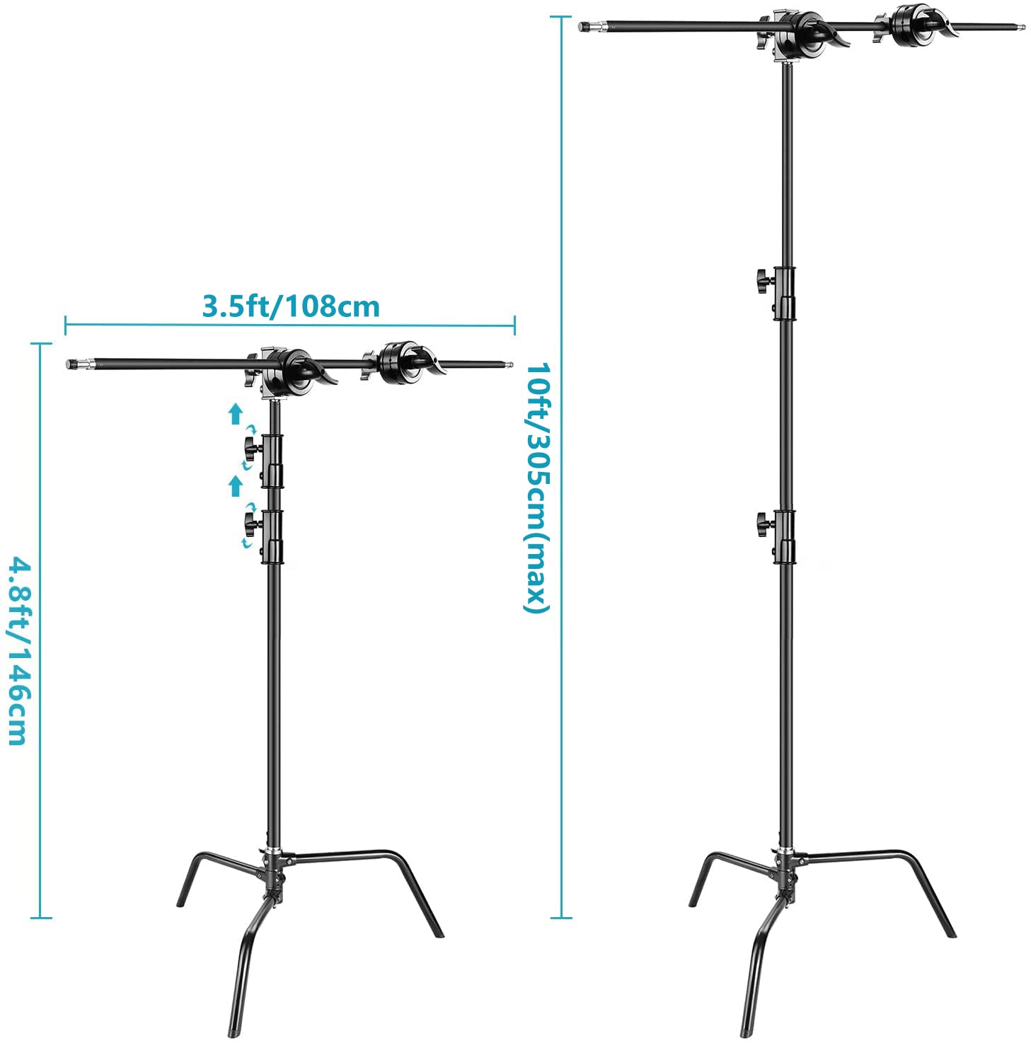 Neewer 2-Pack 100% Heavy-Duty Steel C-Stand, Pro Photography Light Stand with 3.5'/108cm Extension Arm, Grip Head, Turtle Base for Studio Monolight, Softbox, Reflector, Max Height 10'/305cm – Black