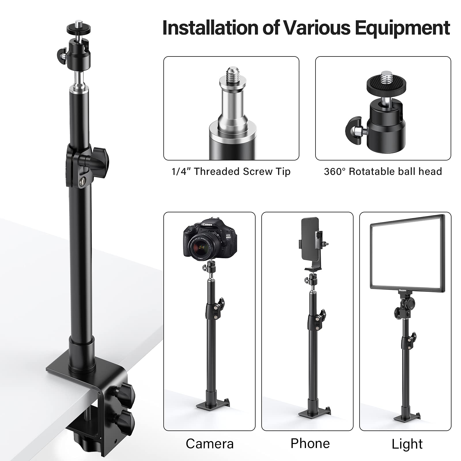 Dazzne 2-Pack Camera Desk Mount Stand with 1/4" Ball Head and Cold Shoe Mount Adapter,12.9-22" Tabletop Mounts Stand, Adjustable Aluminum Desktop Light Stand, for DSLR Camera, Ring Light, Video Light