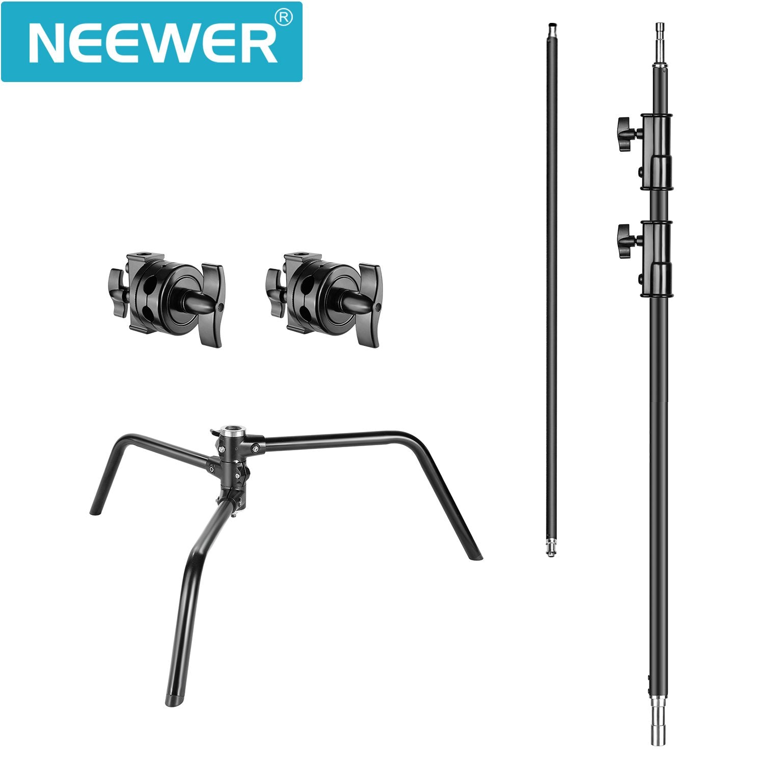 Neewer 2-Pack 100% Heavy-Duty Steel C-Stand, Pro Photography Light Stand with 3.5'/108cm Extension Arm, Grip Head, Turtle Base for Studio Monolight, Softbox, Reflector, Max Height 10'/305cm – Black