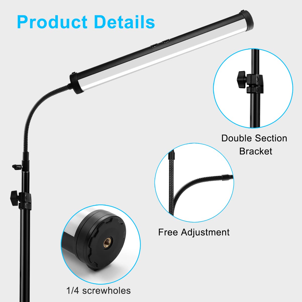 RGB Led Video Light Stick Wand with Stand, QEUOOIY 360° Full Color 2500-9500K Portable Studio Photography Lighting, 5000mAh Rechargeable Battery &Magnet &15-25" C Clamp Desk Mount Light Stand for Vlog