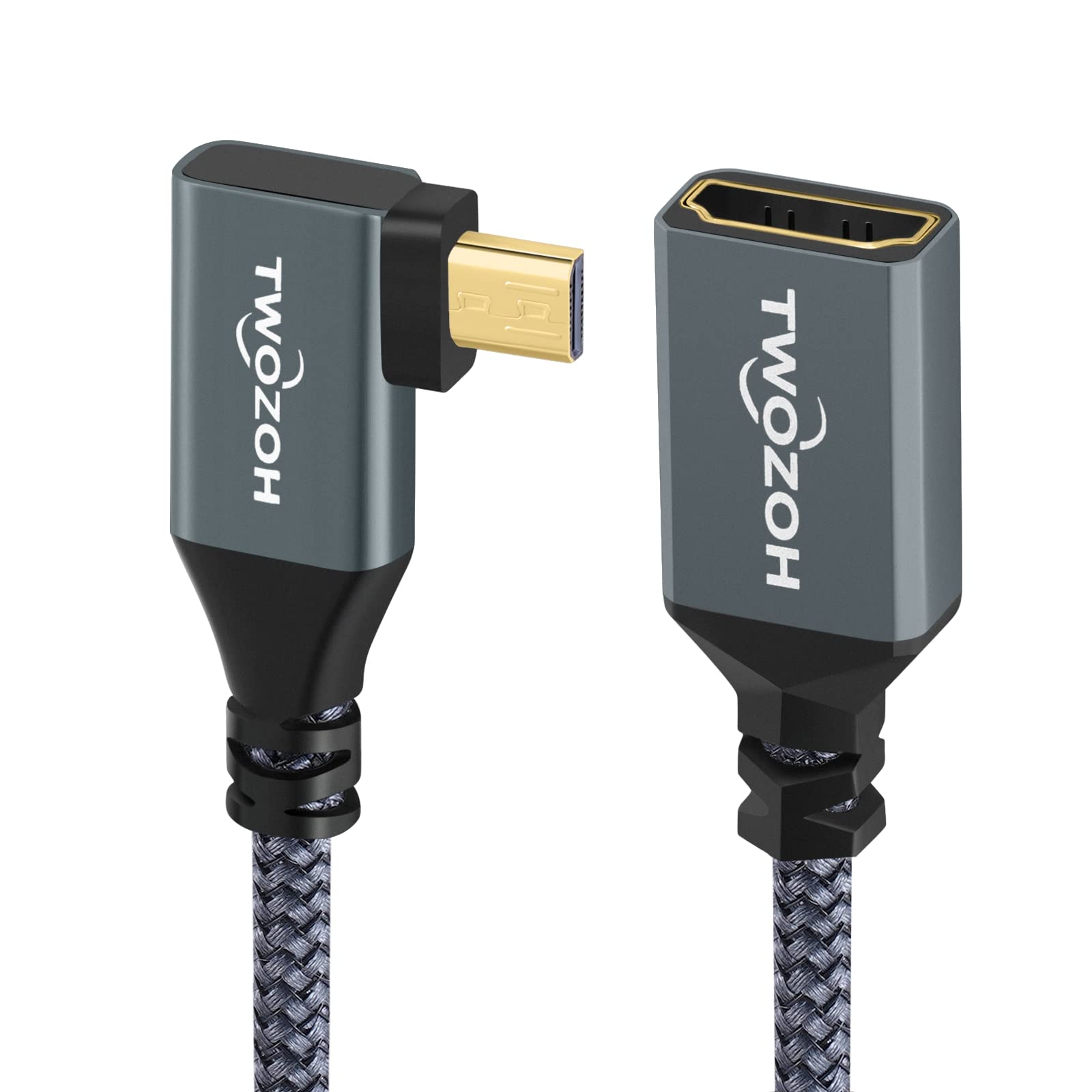 Twozoh Left Angled Micro HDMI to HDMI Adapter Cable, Nylon Braided 90°Degree Micro HDMI Male to HDMI Female Cable (Type D to Type A) Support 4K/60Hz 1080p (0.6FT)