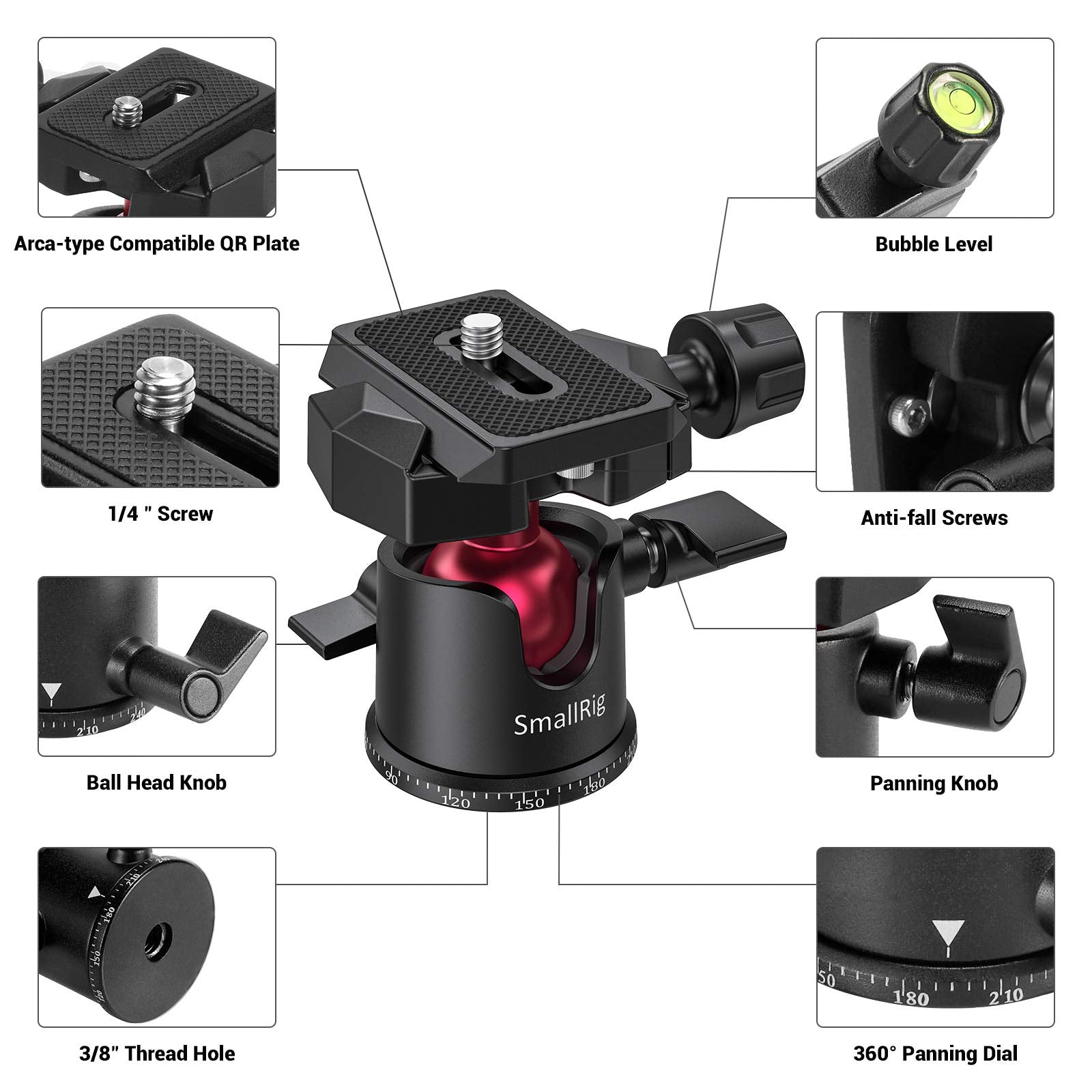 SmallRig Mini Ball Head, Tripod Head Camera 360° Panoramic with 1/4" Screw 3/8" Thread Mount and Quick Release Plate Metal Ball Joint for Monopod, DSLR, Phone, Gopro, Max Load 4.4lbs/2kg - BUT2665