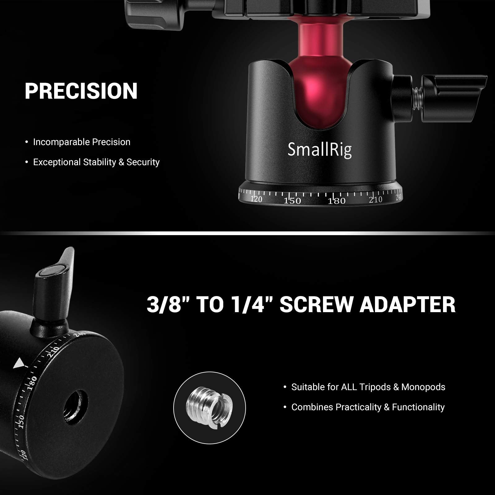 SmallRig Mini Ball Head, Tripod Head Camera 360° Panoramic with 1/4" Screw 3/8" Thread Mount and Quick Release Plate Metal Ball Joint for Monopod, DSLR, Phone, Gopro, Max Load 4.4lbs/2kg - BUT2665