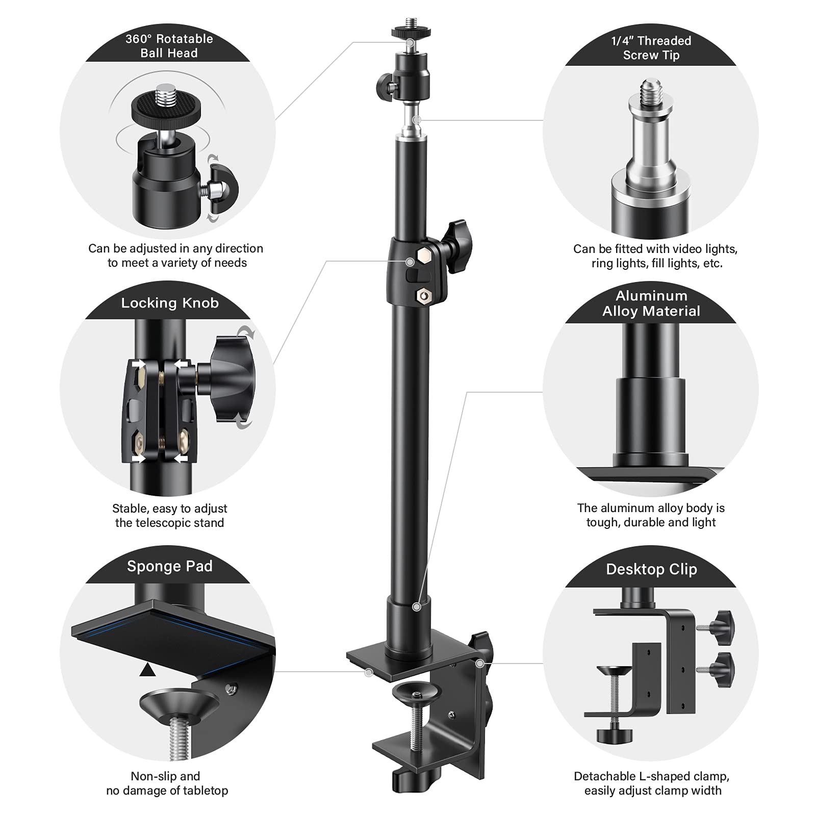 Dazzne 2-Pack Camera Desk Mount Stand with 1/4" Ball Head and Cold Shoe Mount Adapter,12.9-22" Tabletop Mounts Stand, Adjustable Aluminum Desktop Light Stand, for DSLR Camera, Ring Light, Video Light