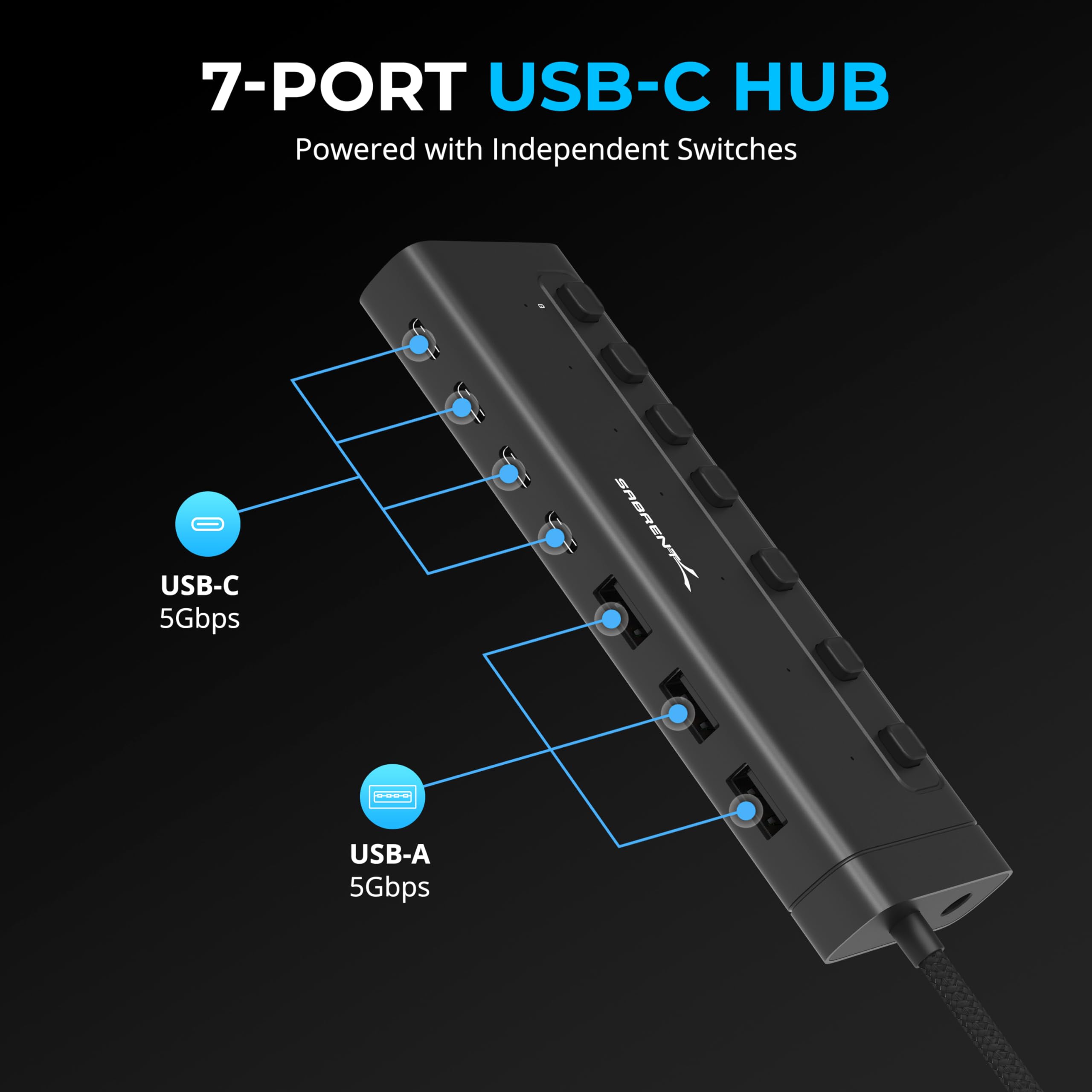 SABRENT 7-Port USB C Hub, 48W Powered Hub with Individual Switches, High-Speed Data Transfer (HB-3A4C)