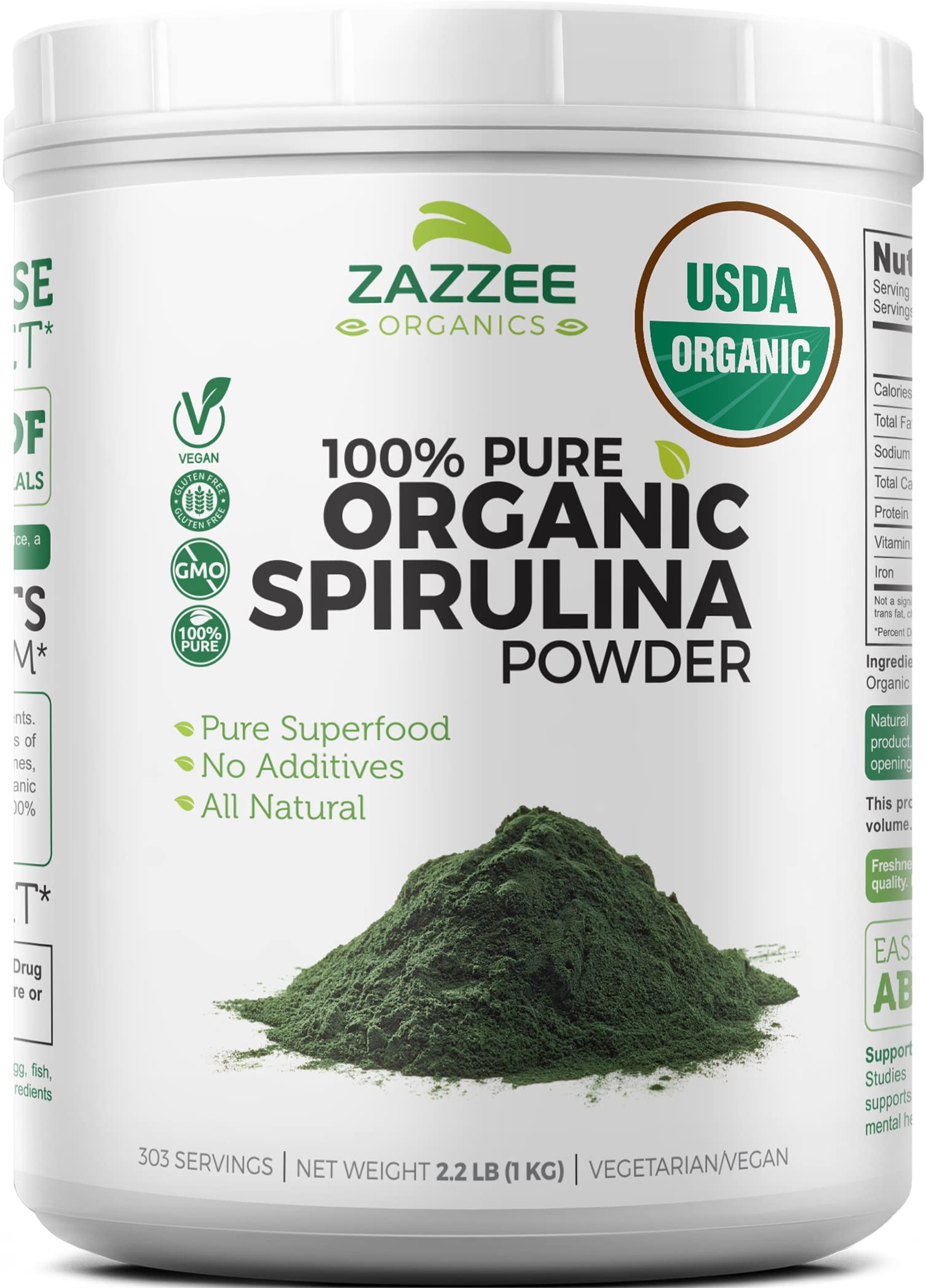 Zazzee USDA Certified Organic Spirulina Powder, 2.2 Pounds (1 KG), 303 Servings, 100% Pure, Non-Irradiated, Mess-Free Wide Mouth Container, Fresh Smell and Neutral Taste, Vegan, Non-GMO, Gluten-Free