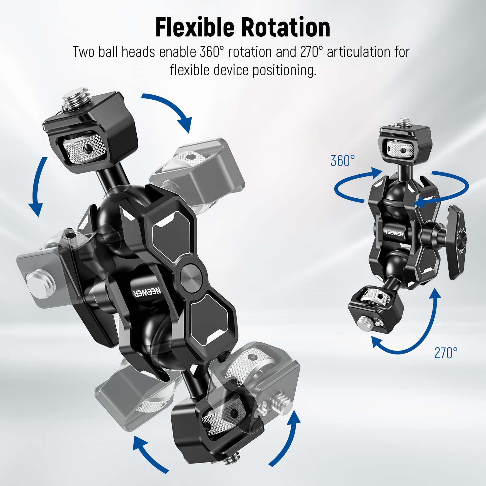 NEEWER Flexible Articulating Magic Arm with Dual Ball Heads, 3/8" Locating Screw for ARRI and 1/4" Screw with Retractable Pin, Camera Field Monitor Mount Compatible with SmallRig Cage, UA010