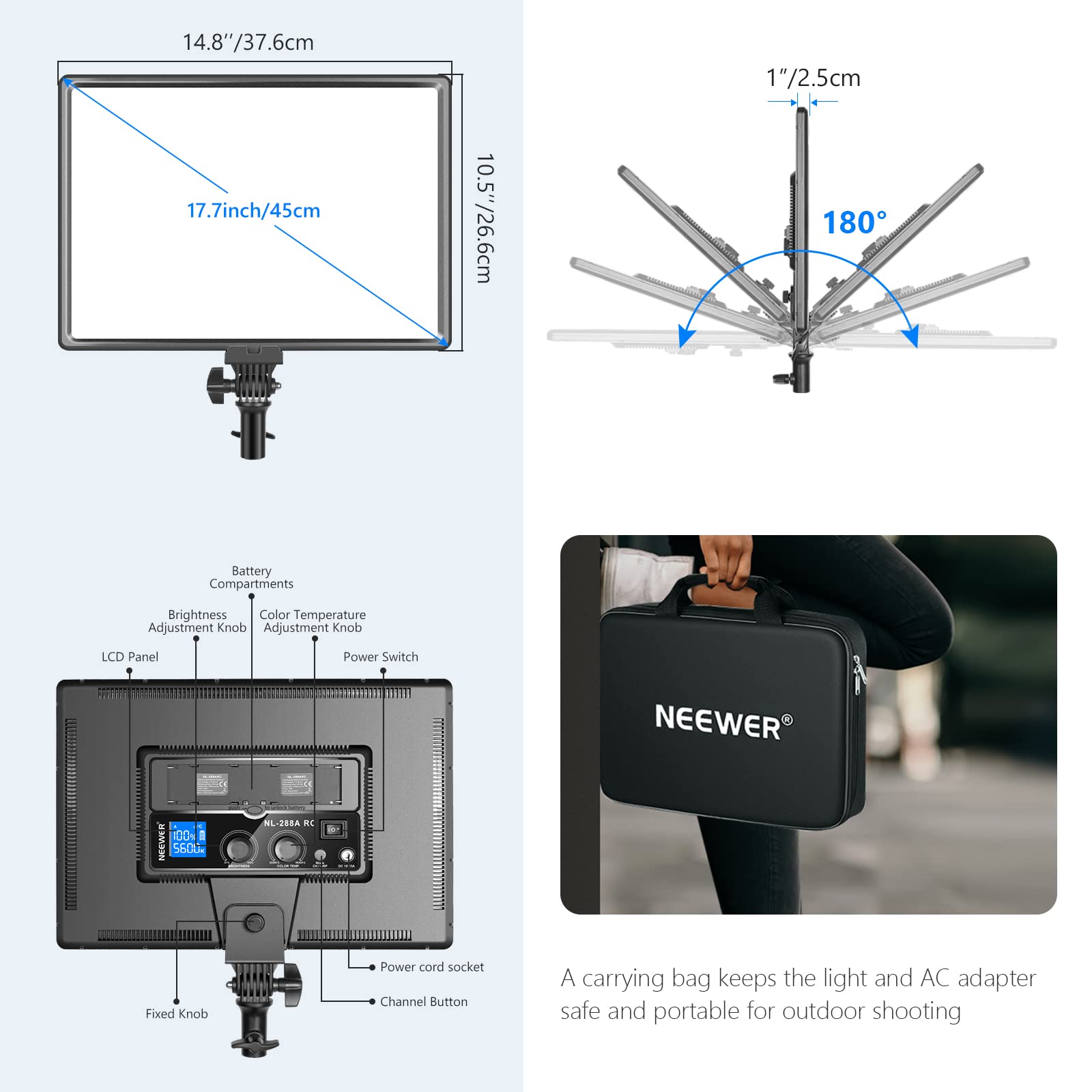 Neewer NL288 LED Video Light with 2.4G Remote, 45W 4800Lux 3200K-5600K CRI 97+ Dimmable Bi-Color 18" Soft Light Panel for Photography YouTube Live Stream Game Zoom Meeting(Battery Not Included)