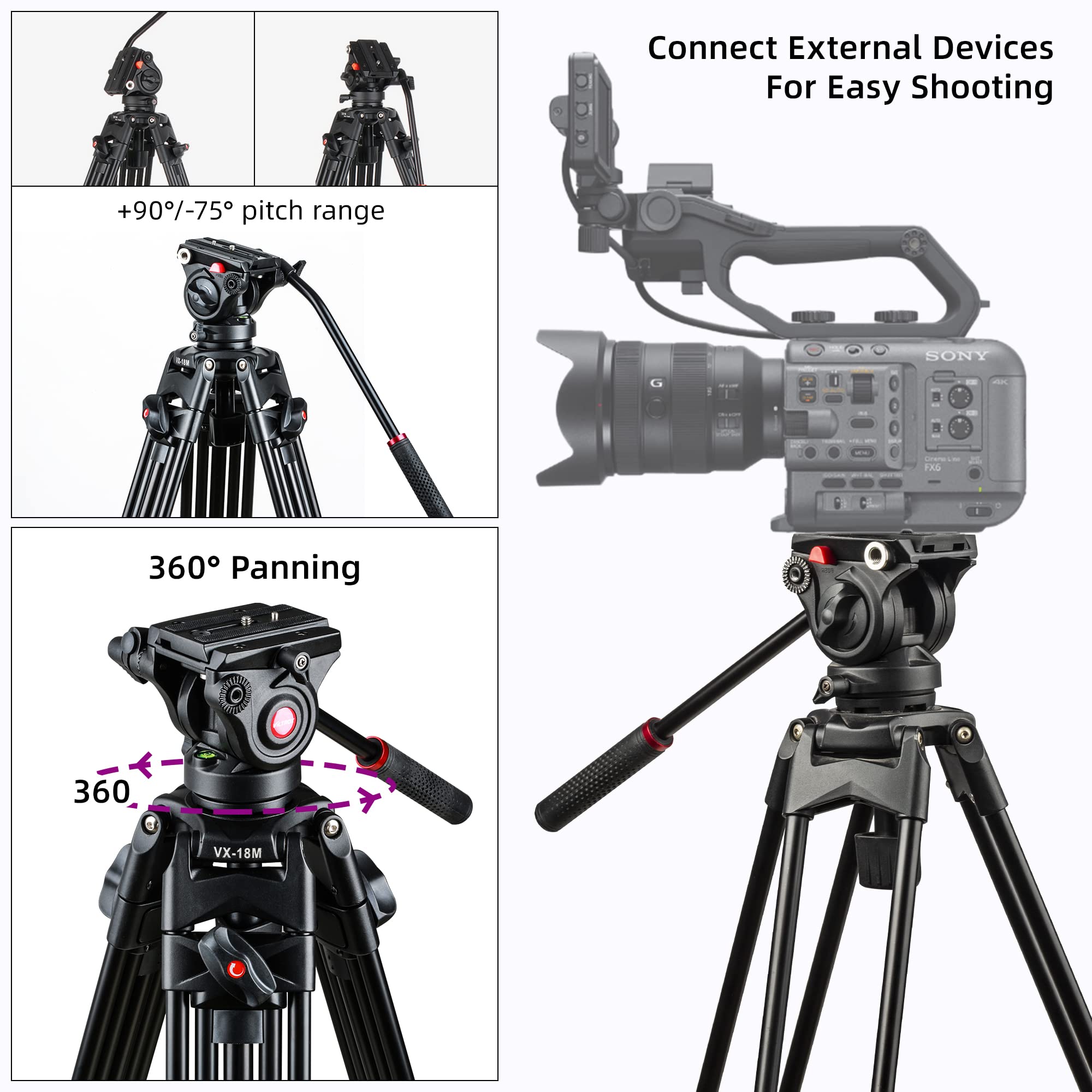 VILTROX Heavy Duty Tripod, 74 Inch Fluid Head Video Tripod, 22lbs Sturdy Heavy-duty Tripod with QR Plate, Hand Bar, Carrying bag, Mid-Level Spreader Travel Tripod for DSLR Camcorder (VX-18M II)