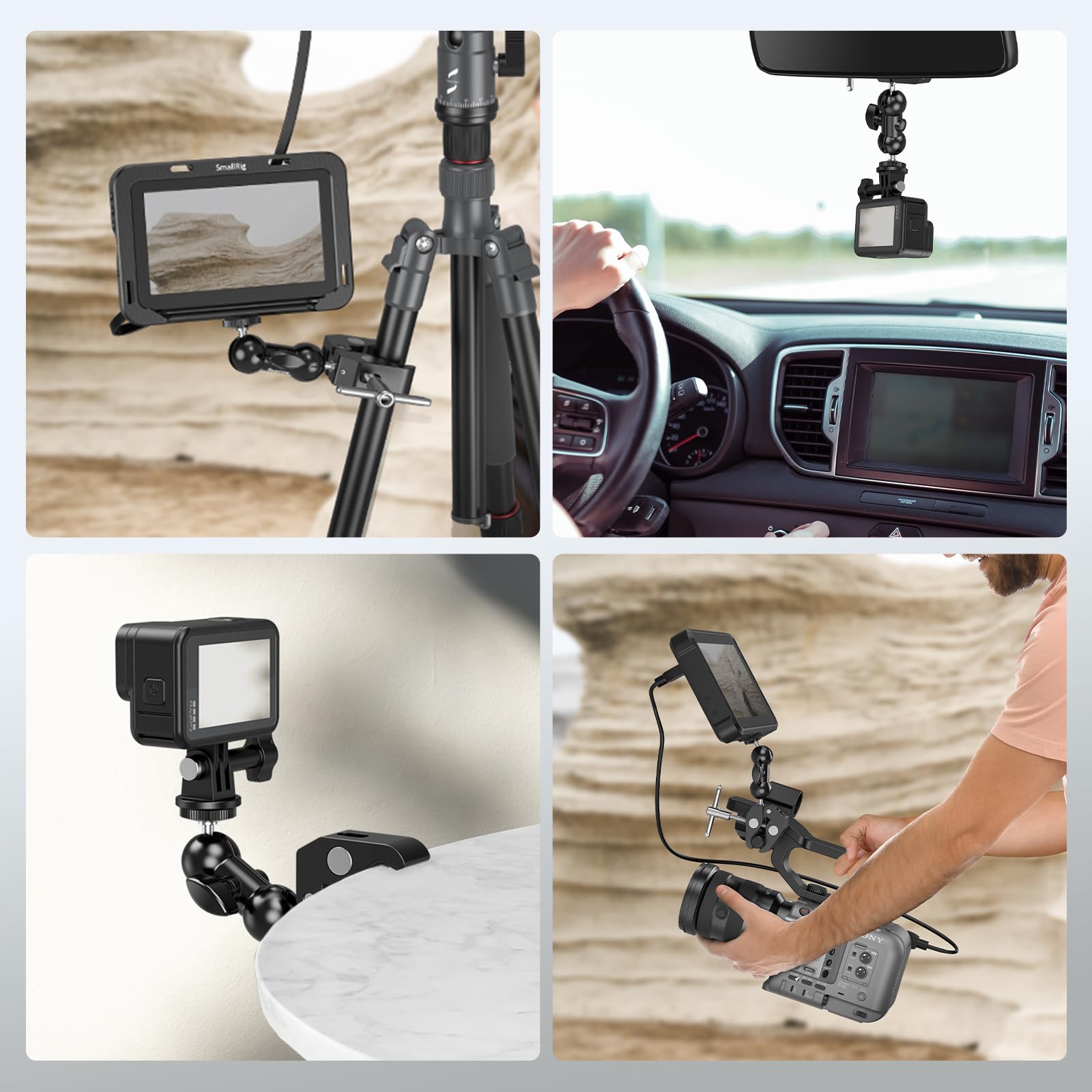 SMALLRIG Super Camera Clamp Mount, Double Ball Head Magic Arm Adapter, Fence/Desk/Tripod Mount for Monitor/Light/Camera, for Insta360, for Gopro 1138B