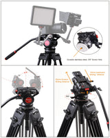 Heavy Duty Video Tripod System, BV12T 72 inch Professional Complete Tripod Units, Aluminum Twin Tube Tripod and 360 Degree Fluid Head, Max Load 26.5 LB for DSLR Camera Camcorder