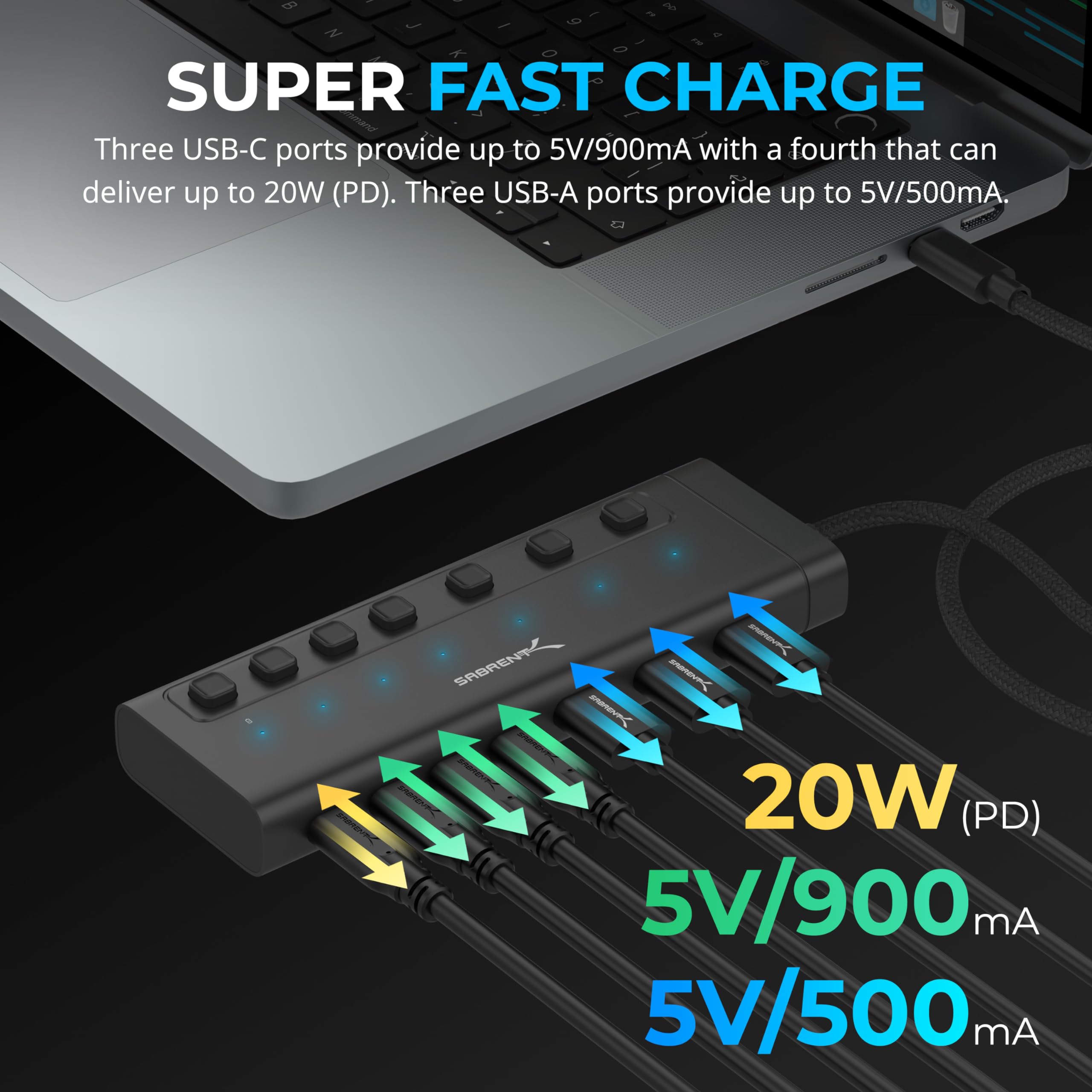 SABRENT 7-Port USB C Hub, 48W Powered Hub with Individual Switches, High-Speed Data Transfer (HB-3A4C)