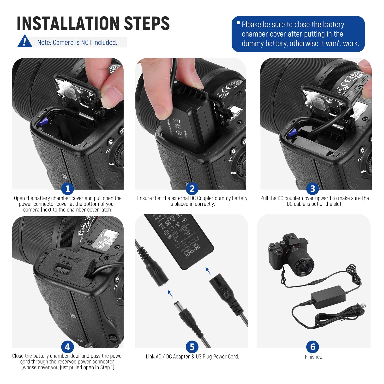 Neewer NP-FZ100 AC Power Supply Adapter and DC Coupler Dummy Battery Charger Kit Compatible with Sony A1, A9 II, A7R III, A7R IV, A7R V, A7S III, A7 III, A7 IV, A6600, A7C Cameras