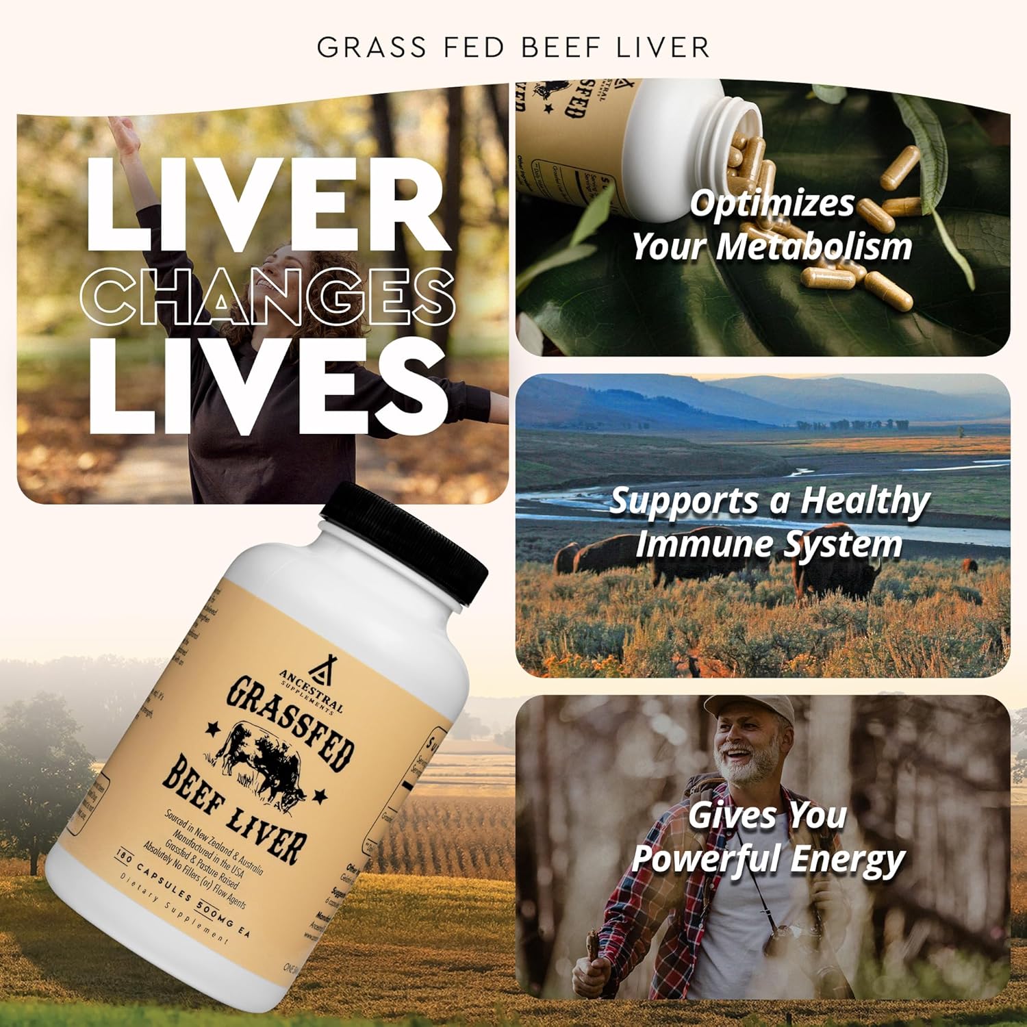 Ancestral Supplements Grass Fed Beef Liver 180 Capsules, Supports Energy Production, Detoxification, Digestion, Immunity and Full Body Wellness, Non-GMO, Freeze Dried Liver Health Supplement