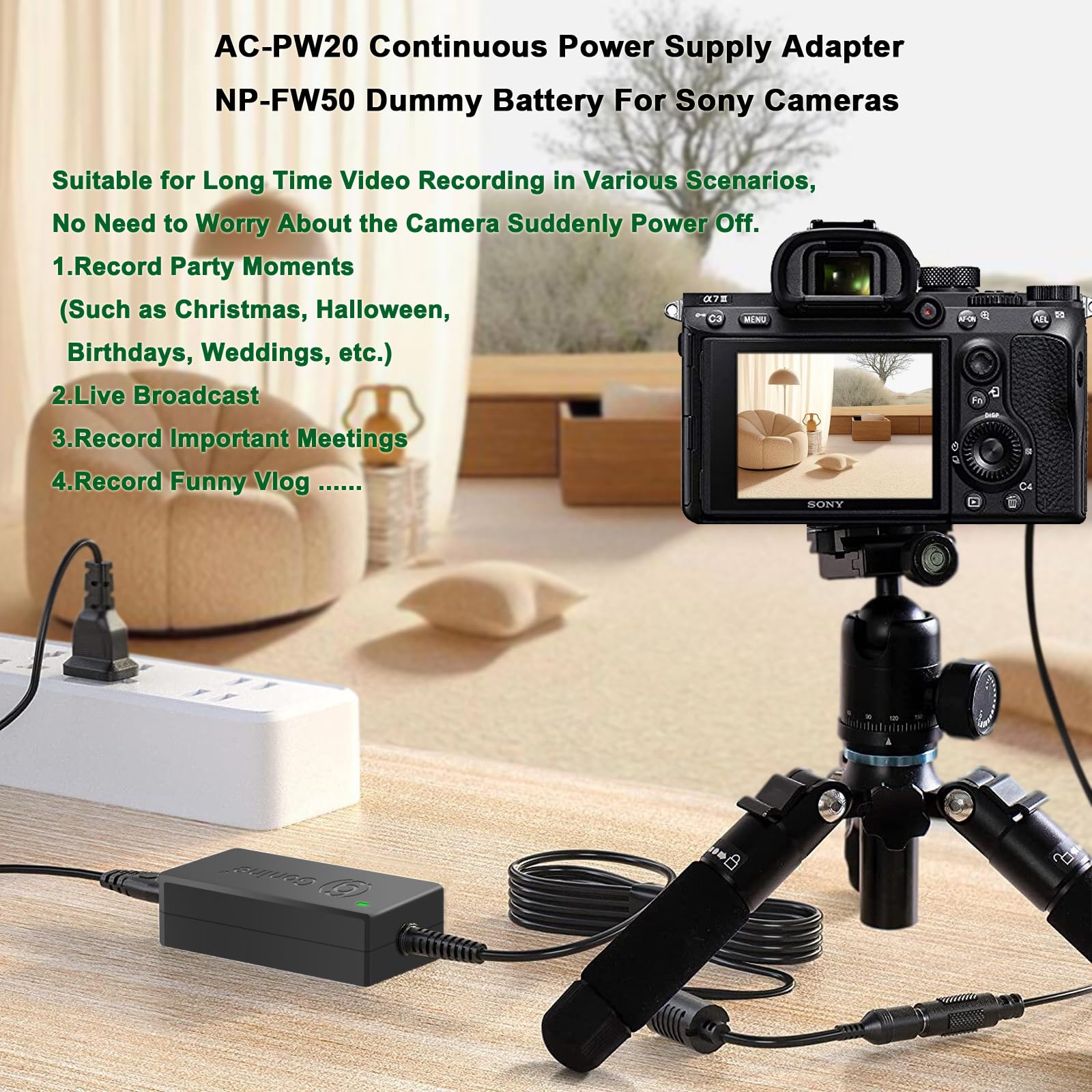 Gonine AC-PW20 ZV-E10 Continuous Power Supply NP-FW50 Dummy Battery ACPW20 AC Adapter Kit for Sony Alpha ZVE10 A6400 A6000 A5100 A6100 A6300 A6500 A7 A7II A7S A7SII RX10 II IV Cameras.