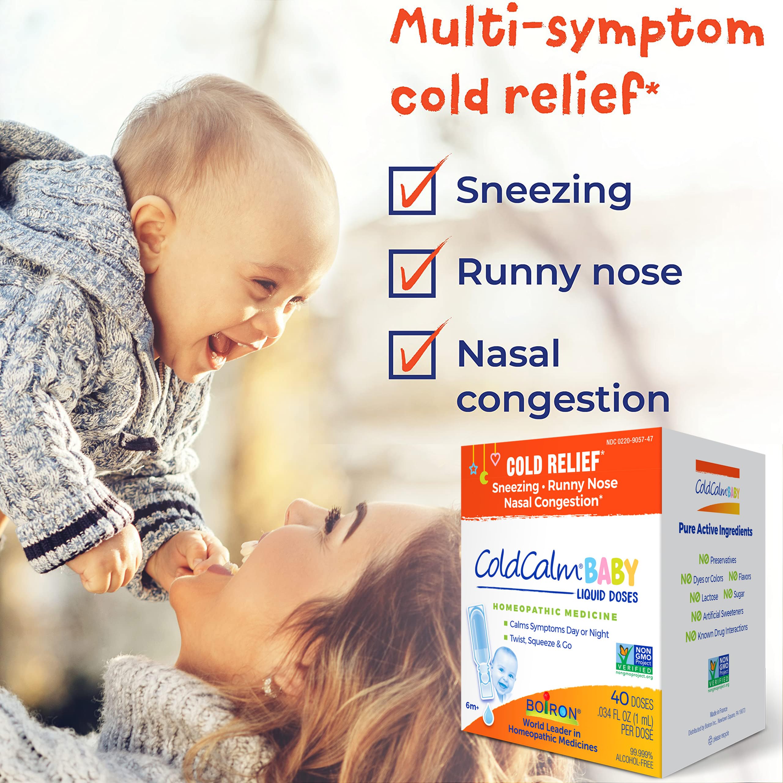 Boiron ColdCalm Baby 40 Count Bundle - Single-Use Drops for Relief from Cold Symptoms of Sneezing, Runny Nose, and Nasal Congestion - Sterile, Non-Drowsy Calm (8 Packets with 5 Liquid Doses)