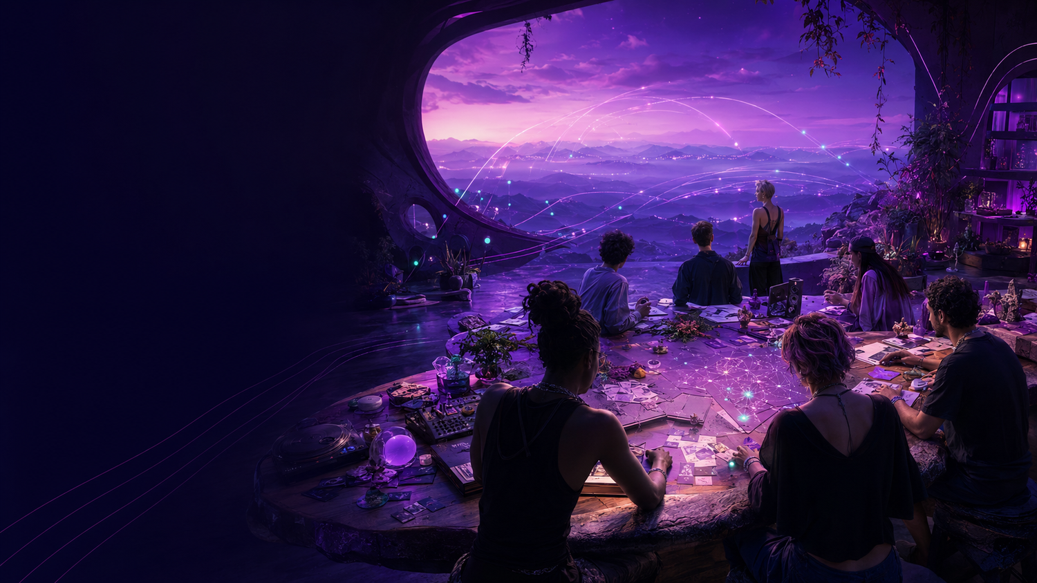 A diverse Mystic Rebels team building connected work in a violet creative studio