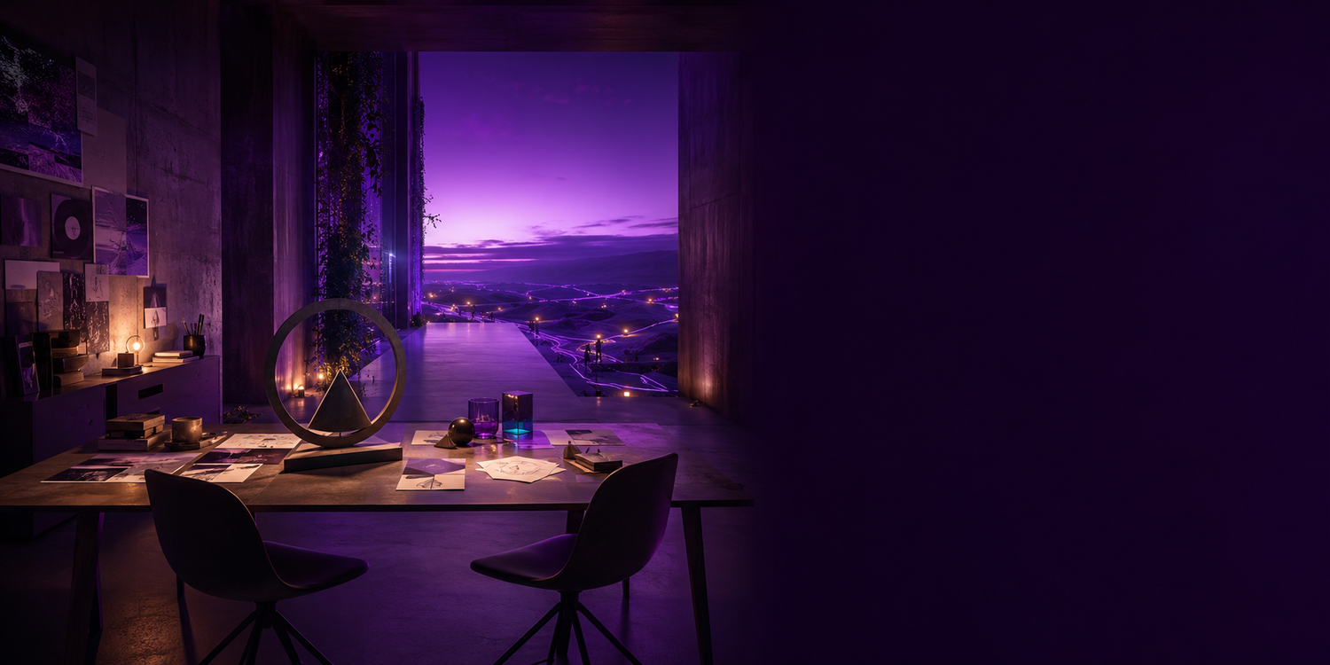A shared creative studio opening onto an expanding violet horizon and interconnected paths