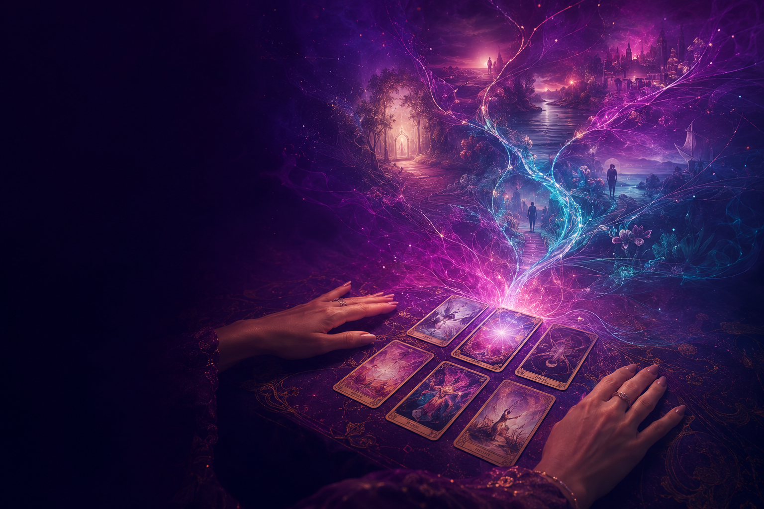 Tarot cards opening into branching psychic imagery and possible paths