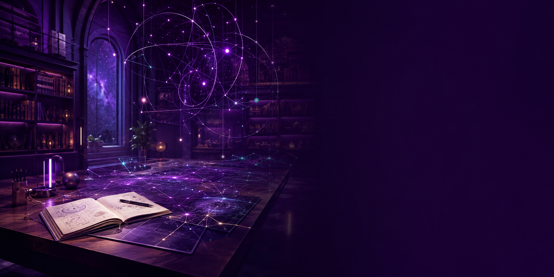 A violet observatory library with an open study book and luminous system maps