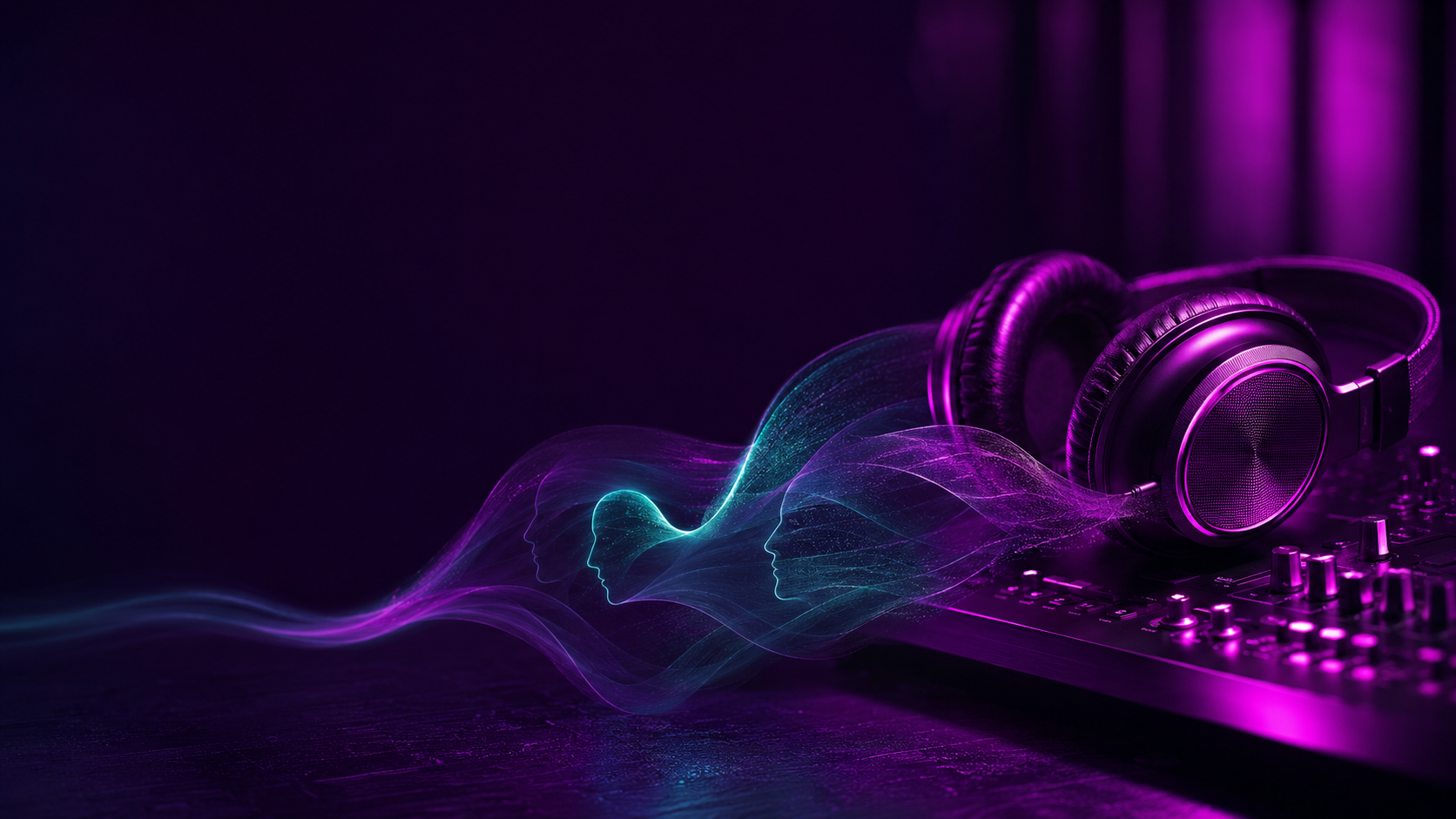 Headphones and flowing conversation waveform for listening to Mystic Rebels
