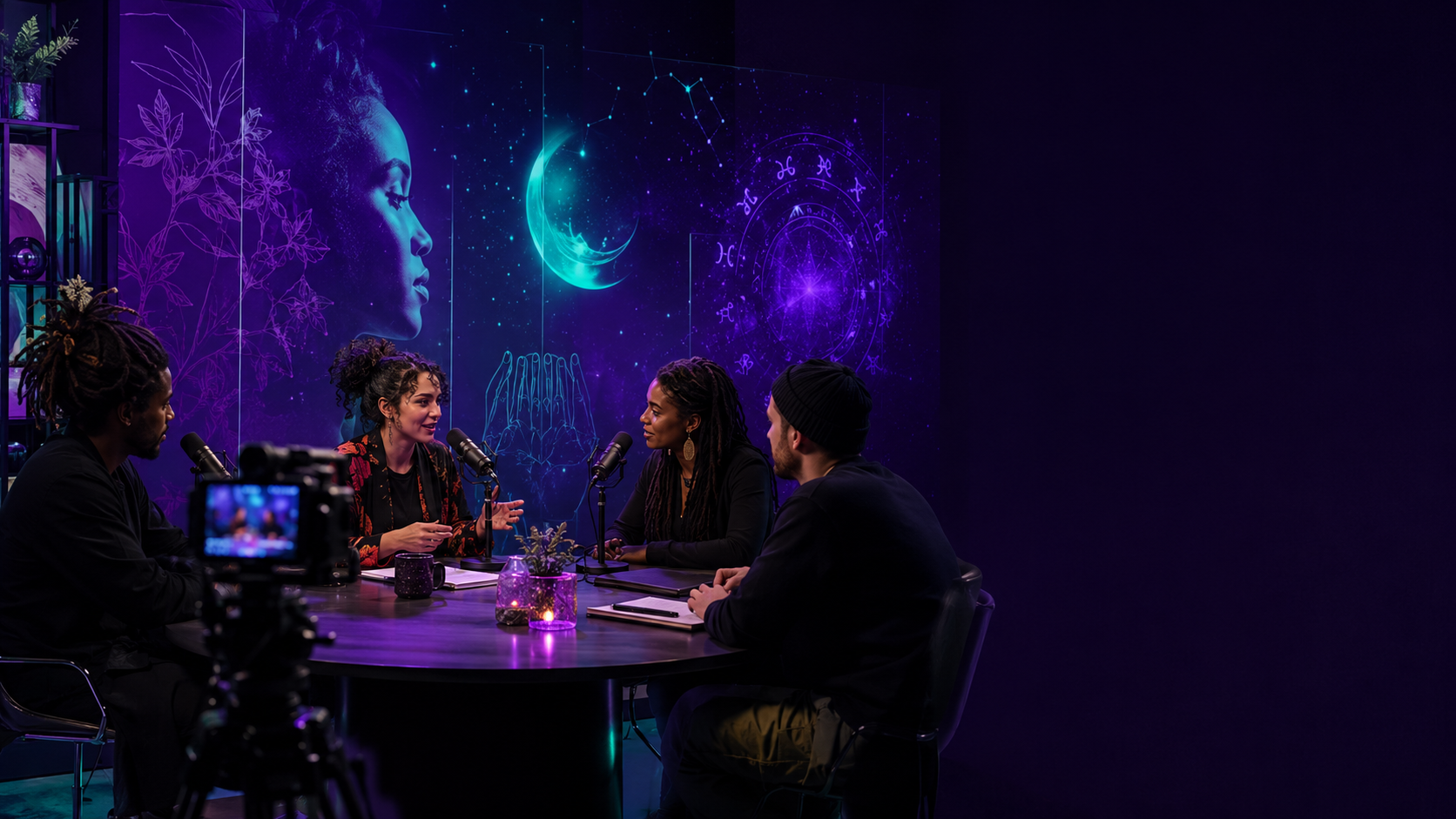 A diverse Mystic Rebels podcast conversation filmed in a modern violet studio