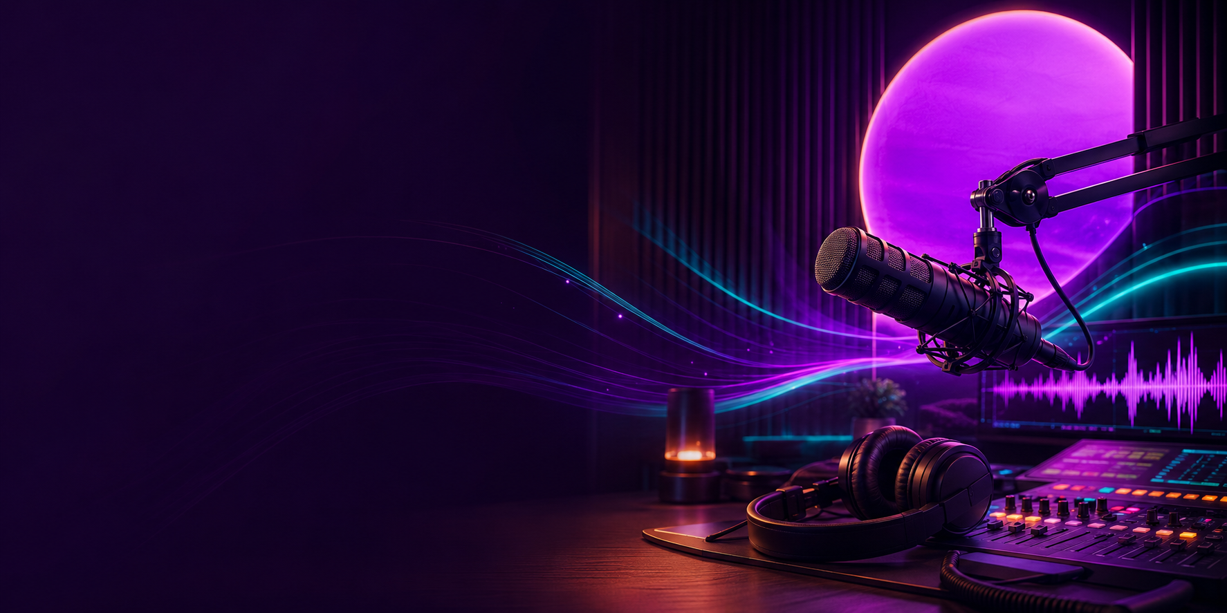 A modern violet broadcast studio with microphone, headphones, waveform, and turquoise signal trails