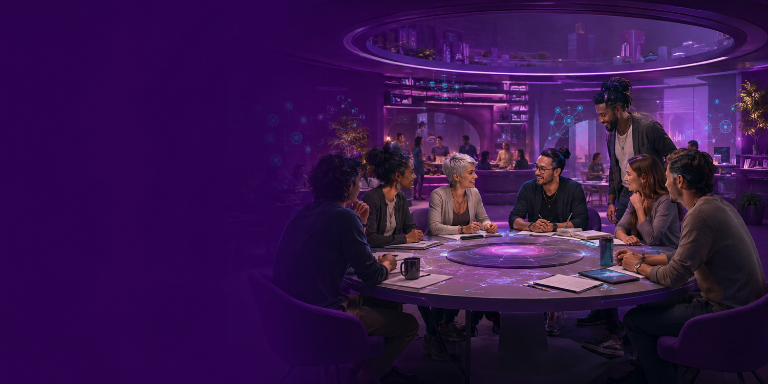 A diverse group studying together around a circular table in a violet learning environment
