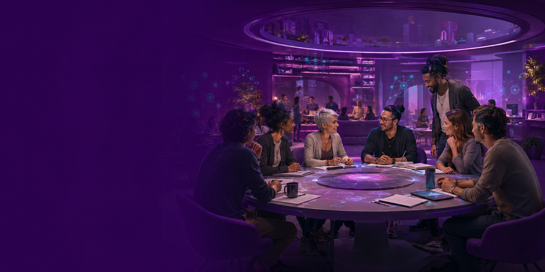 A diverse group studying together around a circular table in a violet learning environment