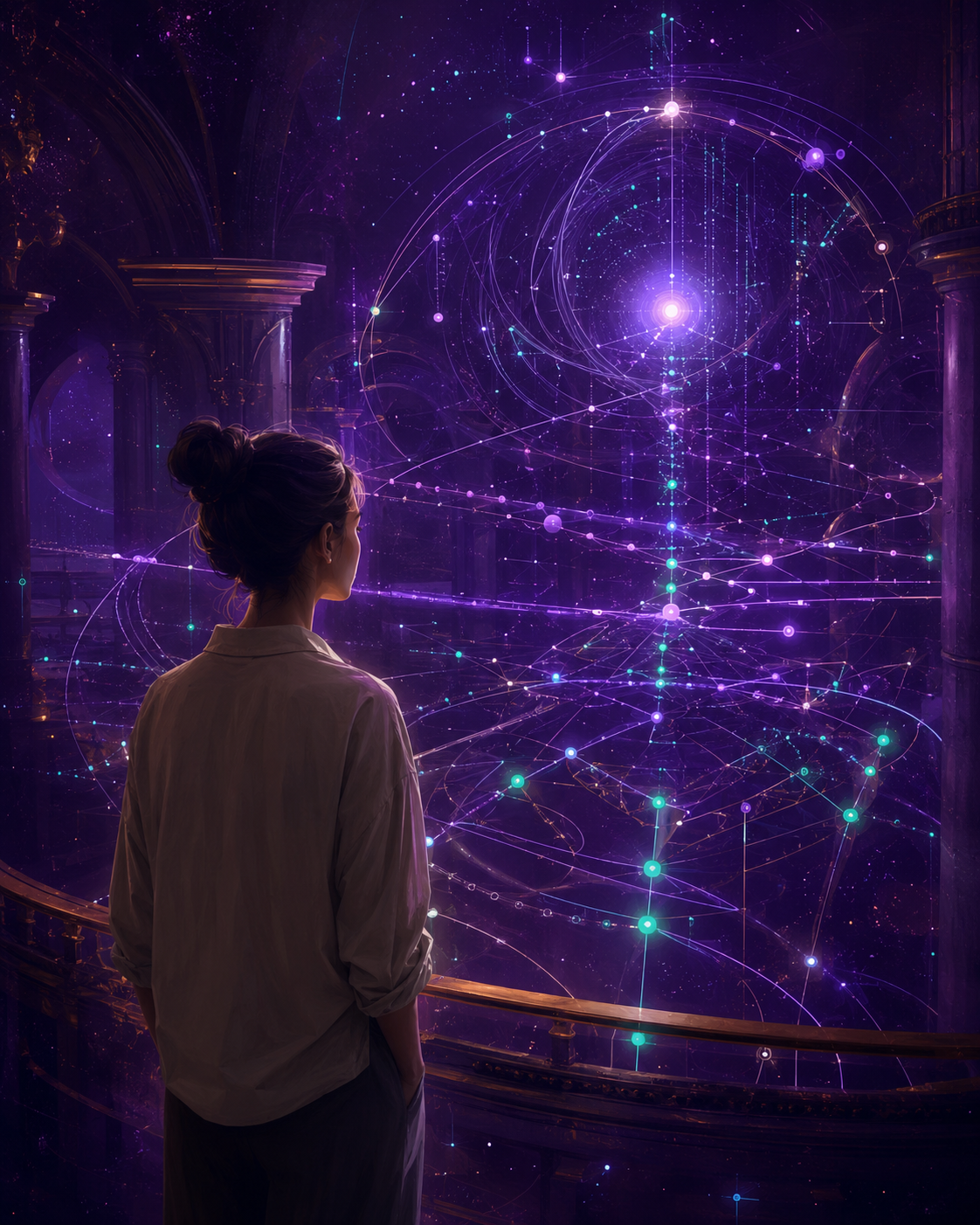 A person observing an ordered field of luminous paths and timing points