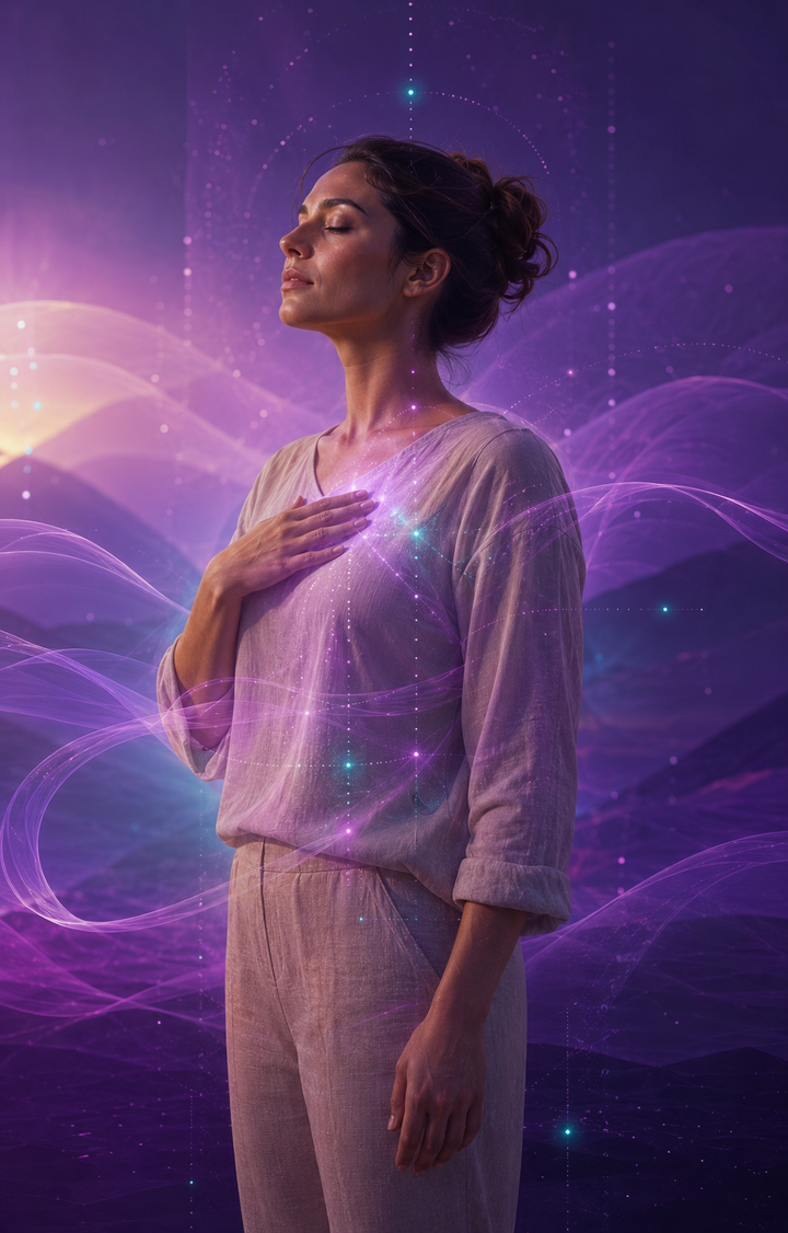 A person standing calmly within layered violet and turquoise resonance fields