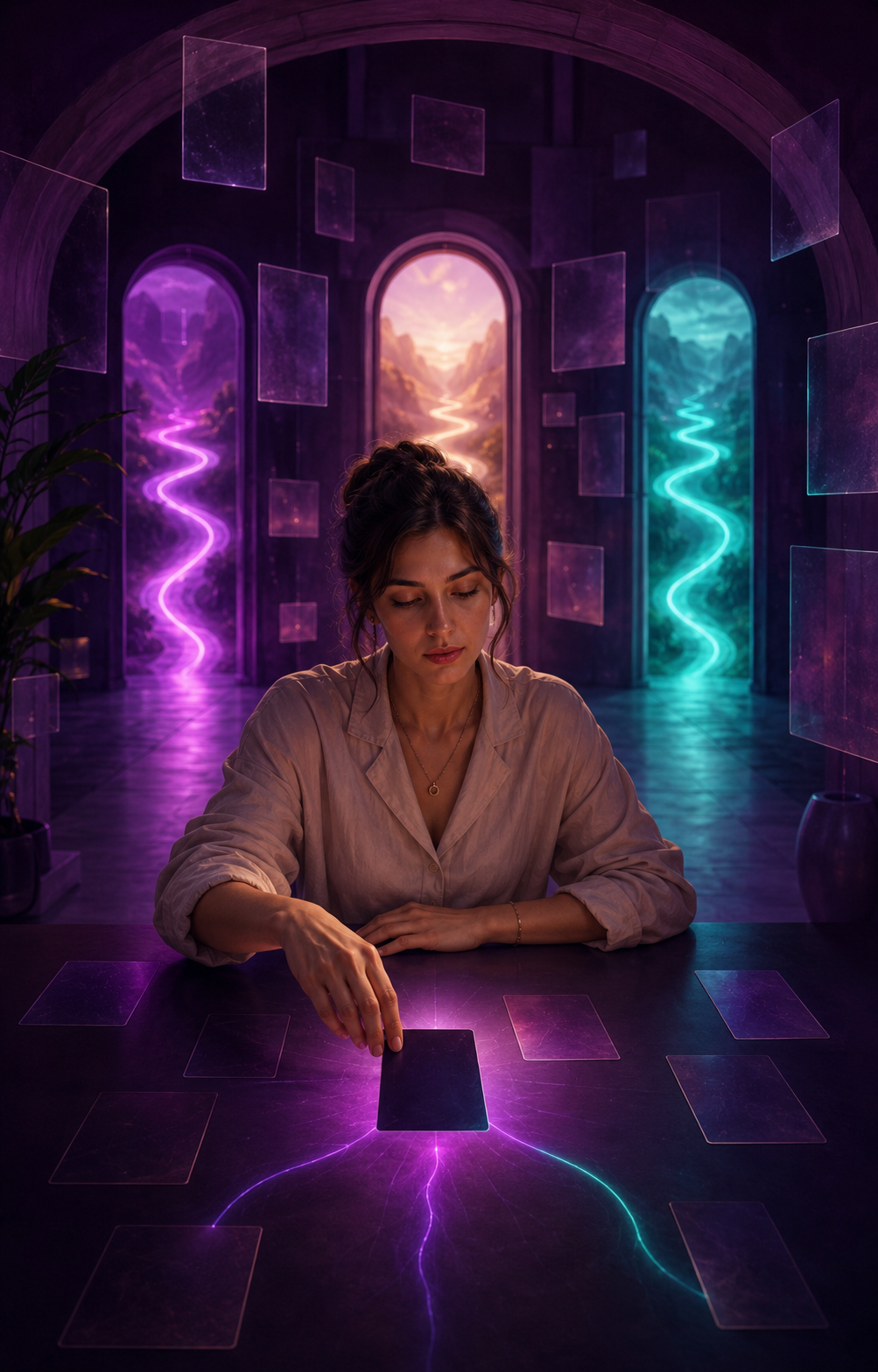 A person aligning a card as three illuminated paths open ahead