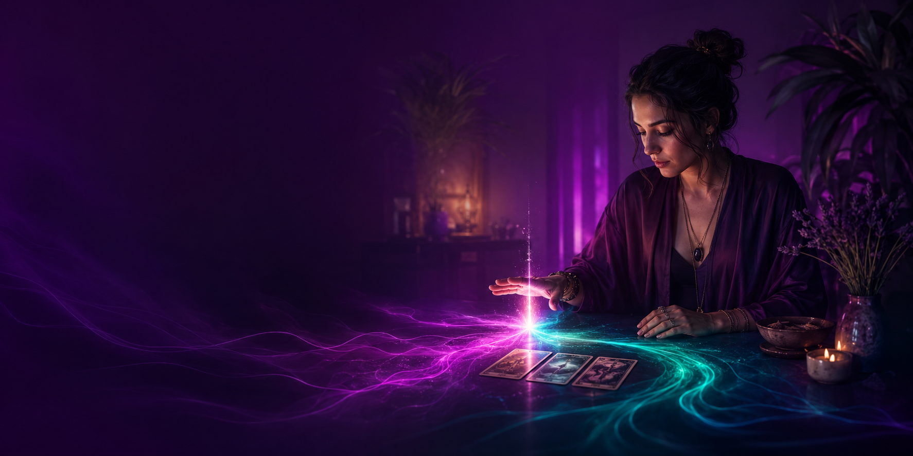 A modern violet consultation space where magenta and turquoise paths converge around personal guidance