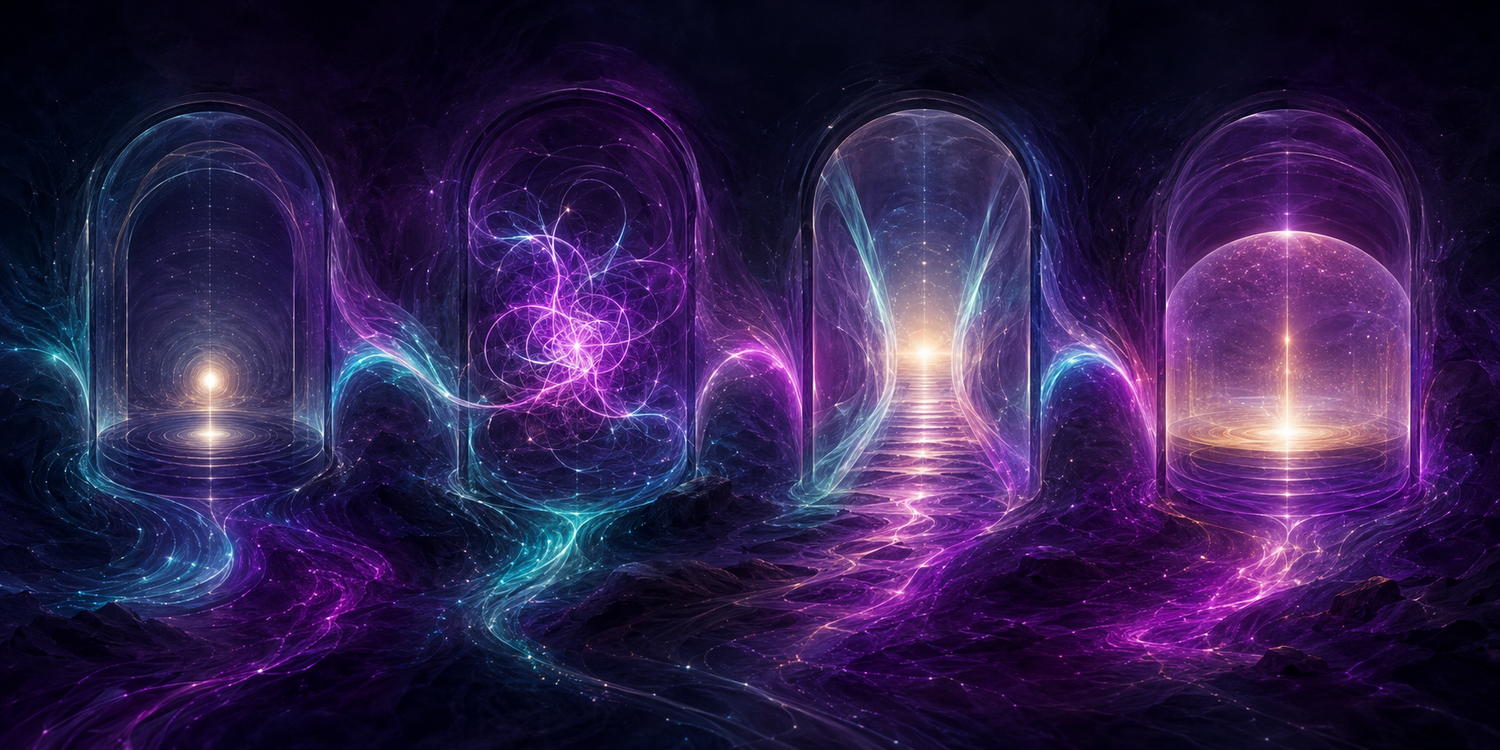 Four luminous chambers representing awareness, release, realignment, and integration in guided spiritual work