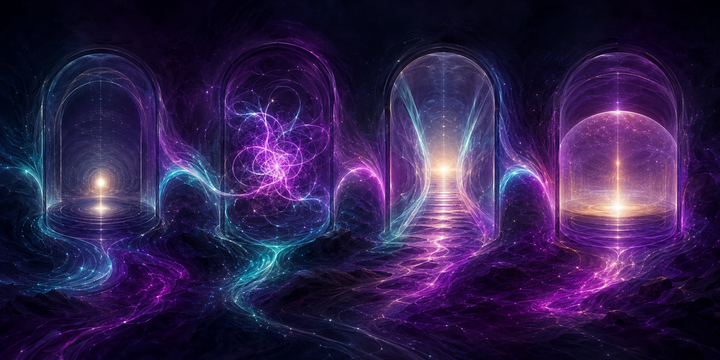 Four luminous chambers representing awareness, release, realignment, and integration in guided spiritual work