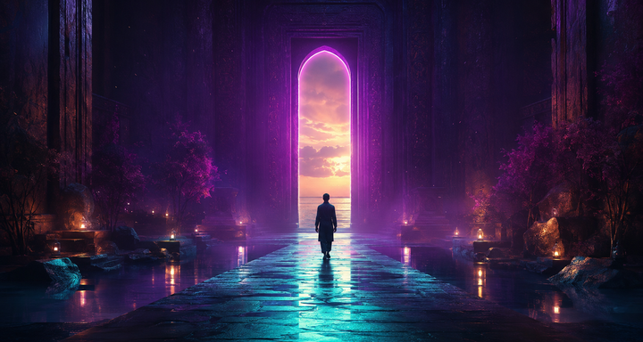 A guided spiritual journey through an indigo temple passage toward a luminous magenta and golden threshold