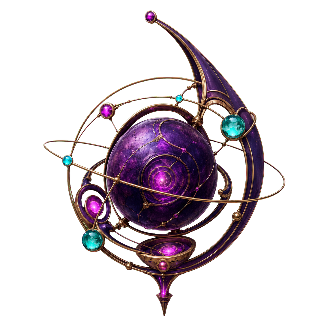 Violet sculptural system orb with intersecting rings and turquoise nodes