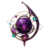 Violet sculptural system orb with intersecting rings and turquoise nodes