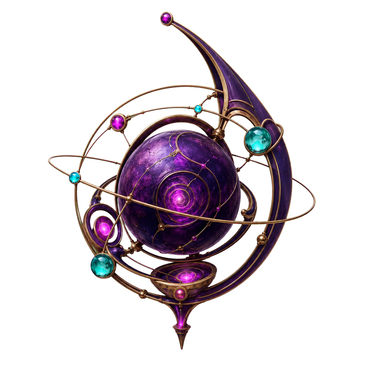 Violet sculptural system orb with intersecting rings and turquoise nodes