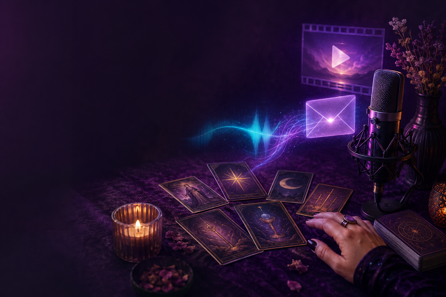 Tarot spread beside a microphone with audio, email, and optional video imagery