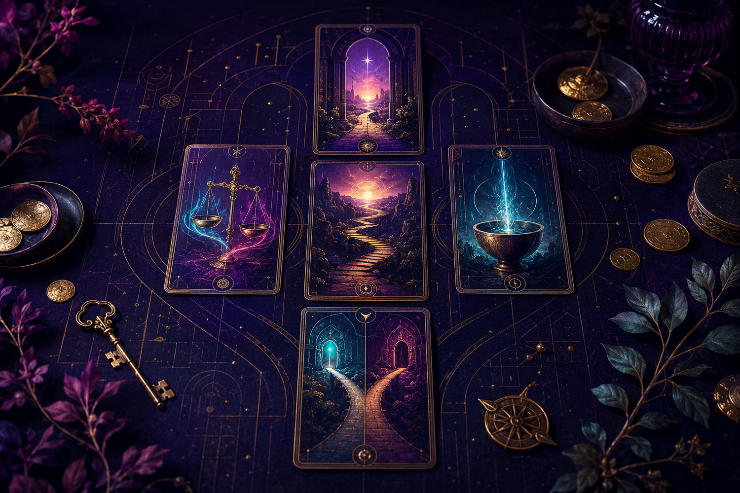 A symbolic Tarot spread exploring money, career, opportunity, risk, value, and branching directions