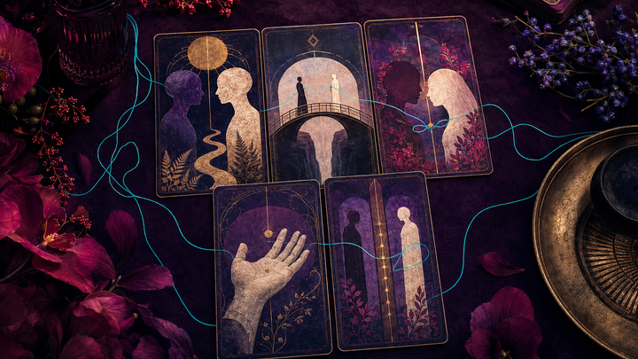 A symbolic relationship Tarot spread showing connection, tension, boundaries, and communication across several cards