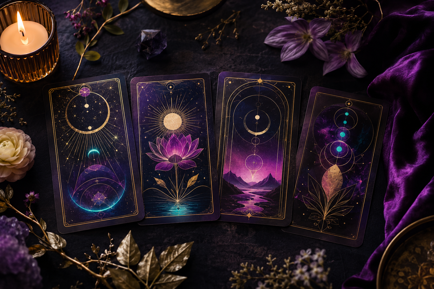 An elegant Alchemystic Tarot card spread with purple, cyan, botanical, and golden symbolic artwork